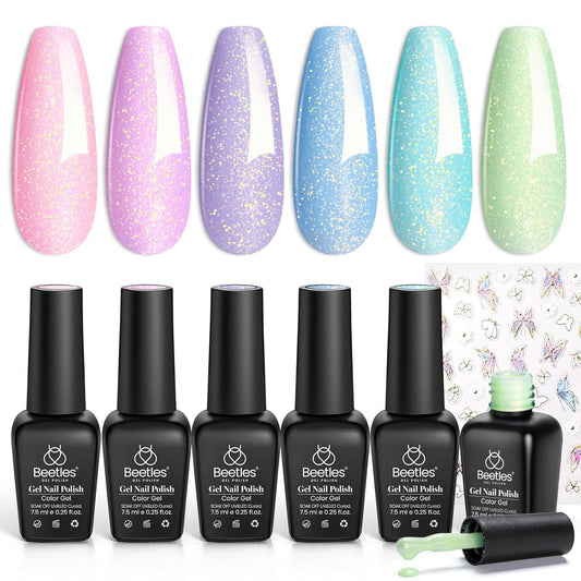 Beetles Shimmer Gel Nail Polish Set - 6 Colors Purple Glitter Blue Green Mermaid Pastel Nail Gel Drawing Soak Off Uv Led Needed with Pastel Sticker