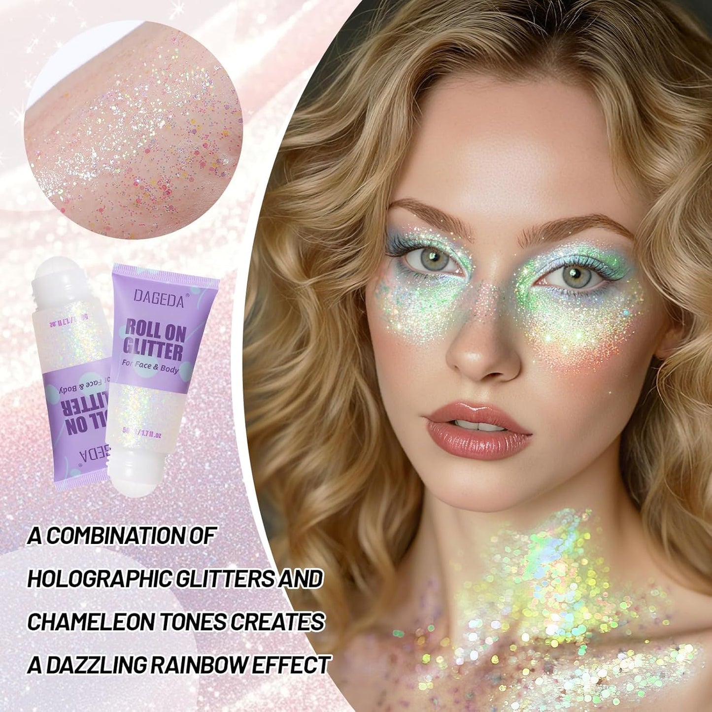 DAGEDA Roll-on Body Glitter,Holographic Eye Face Hair Glitter Gel for Festival Outfit Mermaid Accessories,Chameleon Color Body Shimmer Makeup Rave Outfits Accessories for Women 50ml(Dazzle)