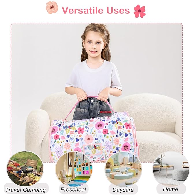 Viviland Toddler Nap Mat, Rolled Sleeping Mats with Pillow and Minky Dot Blanket for Girls, Kids Slumber Bag Nap Mat for Preschool, Daycare, Kindergarten, Travel Camping - Butterfly Garden