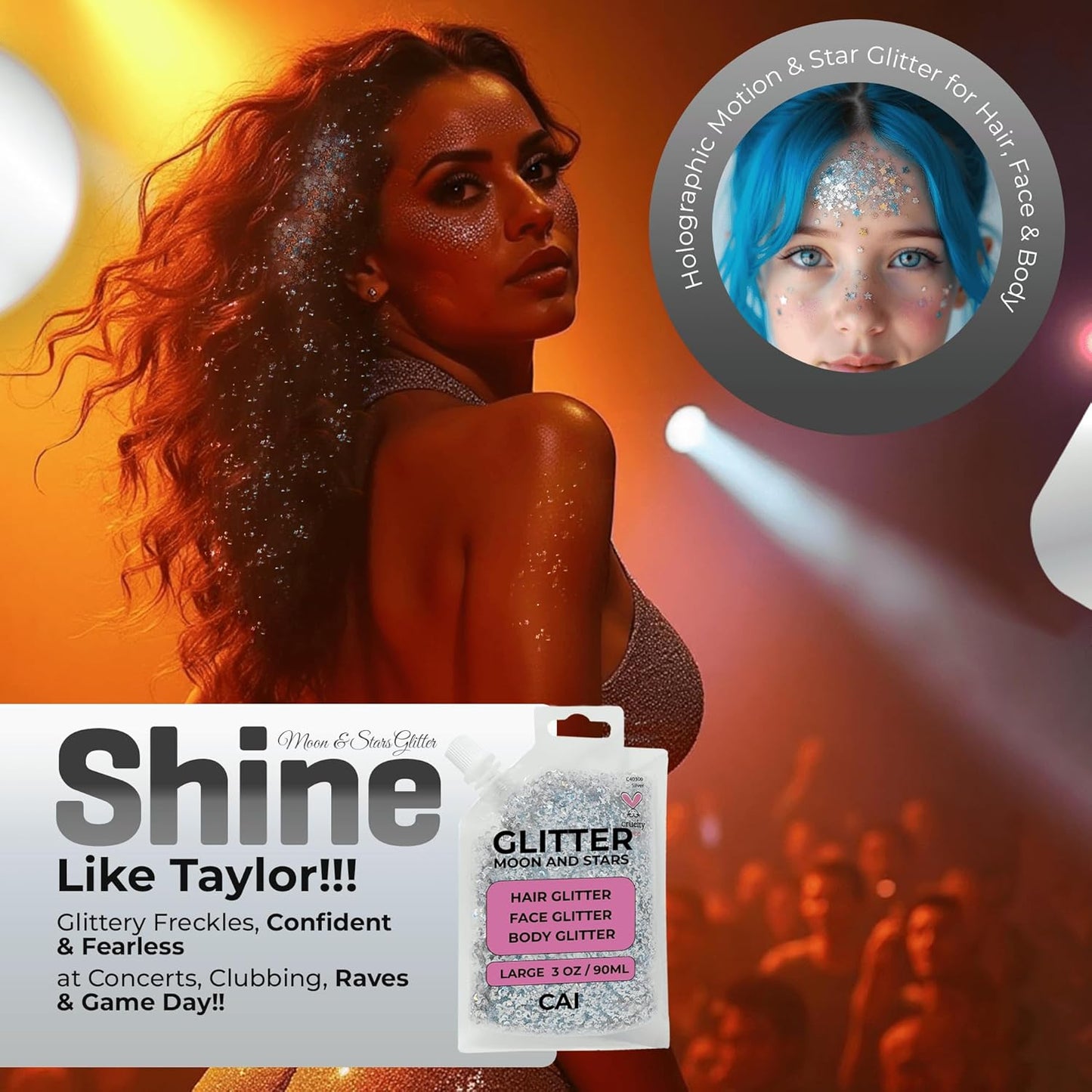 Face, Body & Hair Glitter Gel – Halloween Glitter for Kids and Women – 3 Oz Cosmetic-Grade Gel w/Moon & Stars for Festivals & Halloween Party, Easy Apply & Wash Off - Rose/Gold 2Pack