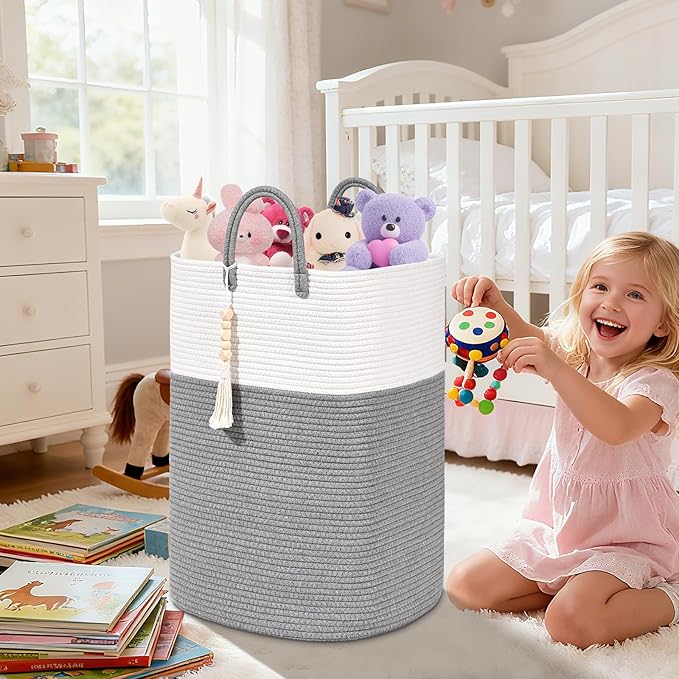Woven Laundry Basket for Clothes, 80L Large Rectangle Laundry Hampers with Beads Tassel, Nursery Storage Basket for Toys, Tall Dirty Clothes Hamper for Bedroom Aesthetic, Laundry Room Organization