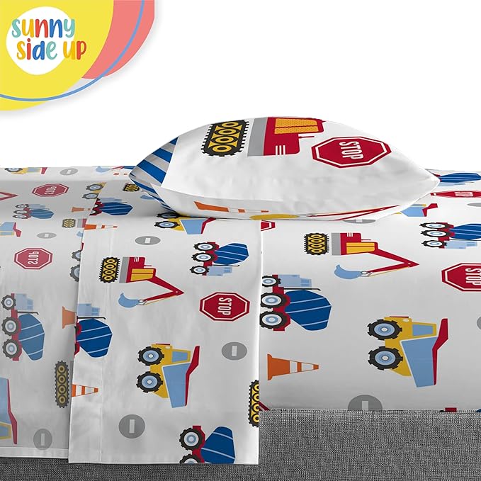 Sunny Side Up Construction Zone Toddler Comforter Set - 4 Piece Preschool Bedding Includes Comforter, Sheets & Pillow Cover - Super Soft Vehicles Microfiber Bed Set