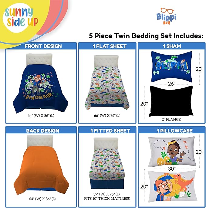 Sunny Side Up Kids Comforter Set Includes Sheets and Pillow Covers - Soft and Cozy Bed Set for Stylish Room Decor, Blue - Blippi, 5 Piece Twin Bedding