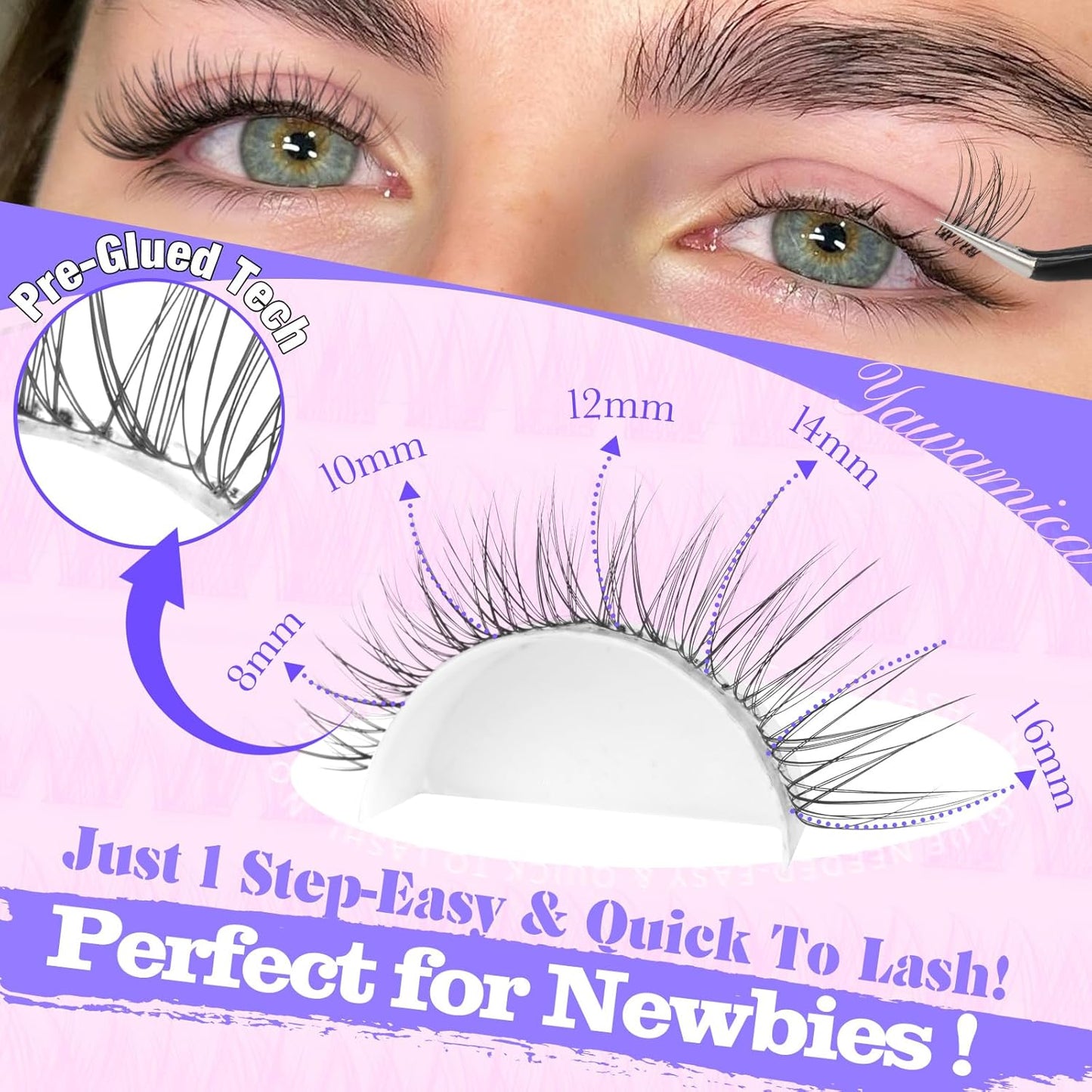 Yawamica Natural Self Adhesive Lash Clusters 10-16mm Reusable Press On Lashes No Glue Needed Eyelash Clusters Invisible Clear Band Pre Glued Cluster Lashes for Effortless Salon Eyelash Extension Look