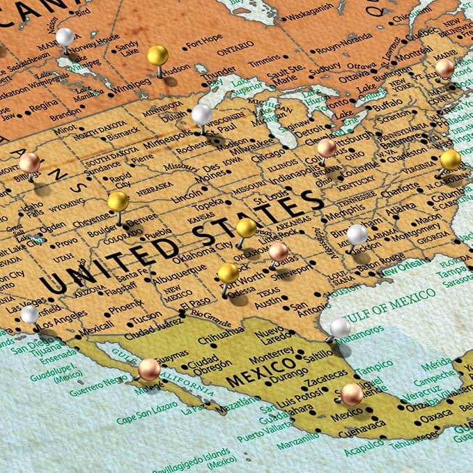 ElephantStock - Personalized Wanderer Push Pin World Map Wall Art - Horizontal Canvas Wall Art - Living Room Wall Decor - Digital Art Map Canvas Art - Orange And Blue Decor - 45" x 30"