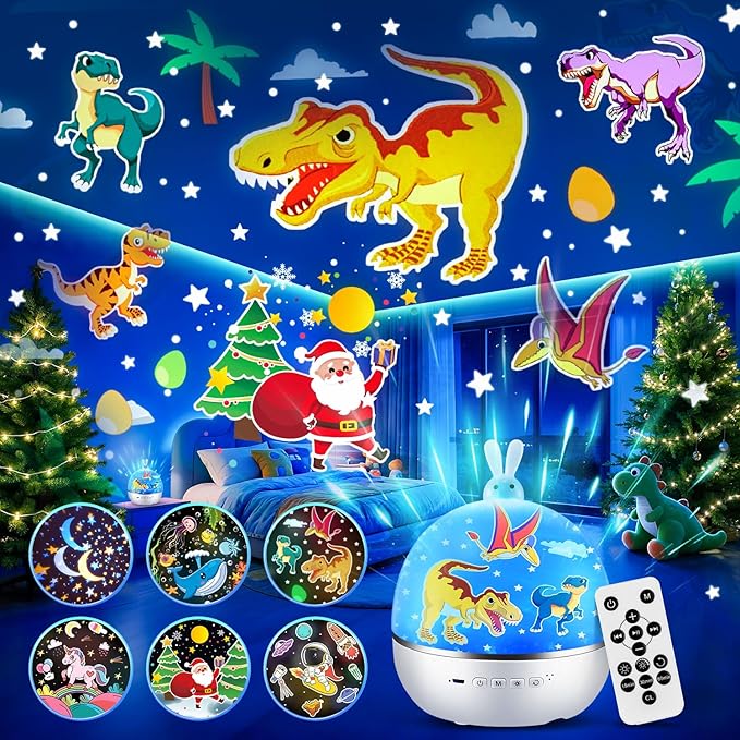 One Fire Dinosaur Night Light Projector, with 15 Films & Bluetooth Music and Remote-Controlled Dino Night Light, Rechargeable Star Projector for Kids, Dino Decor Dinosaur Gifts for Boys.