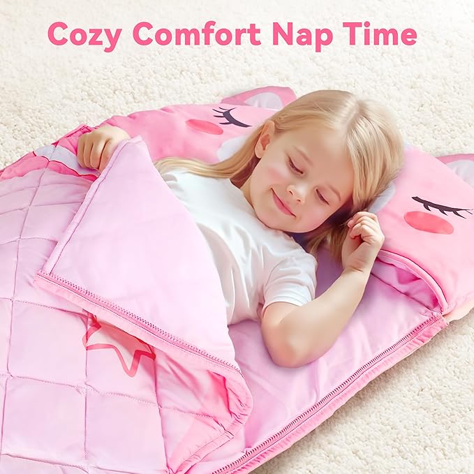 iPlay, iLearn Kid Sleeping Bag, Unicorn Slumber Sack, Toddler Girl Nap Mat, 2 in 1 Pink Animal Cushion Blanket, Happy Travel Sleepover Daycare Preschool Birthday Gift for 3 4 5 6 Year Old Child