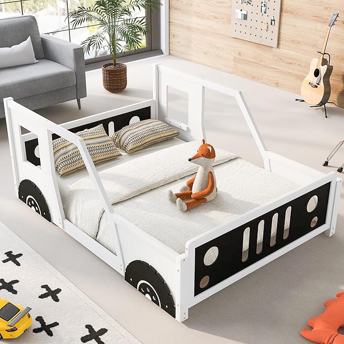 Full Car Bed, Full Size Kids Bed, Classic Car-Shaped Platform Bed with Wheels, Wood Full Montessori Bed, Full Floor Bed Frame for Boy Girls, White+Black