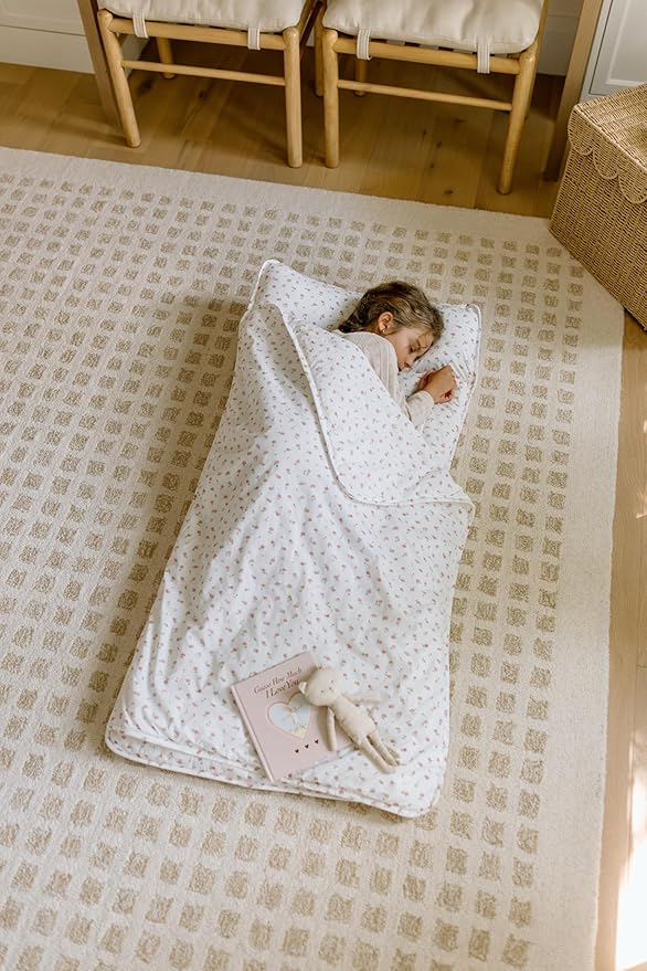 Organic Toddler Nap Mat – 100% Cotton Kids Washable Sleeping Mat & Detachable Pillow – Sleeping Bag with Soft 1.5” Pad – Ideal Nap Mat for Daycare, Preschool, & Sleepovers