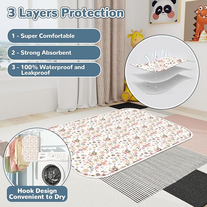 Baby Diaper Changing Pad – 31.5" x 21.5" Extra Large Waterproof Absorbent Portable Changing Mat, Reusable Changing Pad Liner for Travel or at Home Use(Floral2)
