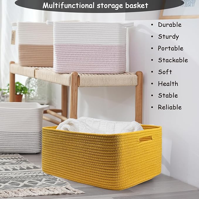 COMFY-HOMI 3 pcs Large Storage Baskets for Shelves, Laundry Basket, Woven Rope Basket, Closet Organizer Bins for Clothes Blanket Towels, Baby Nursery, Gift Toy Baskets, 17” x 13” x 7.5”-Yellow