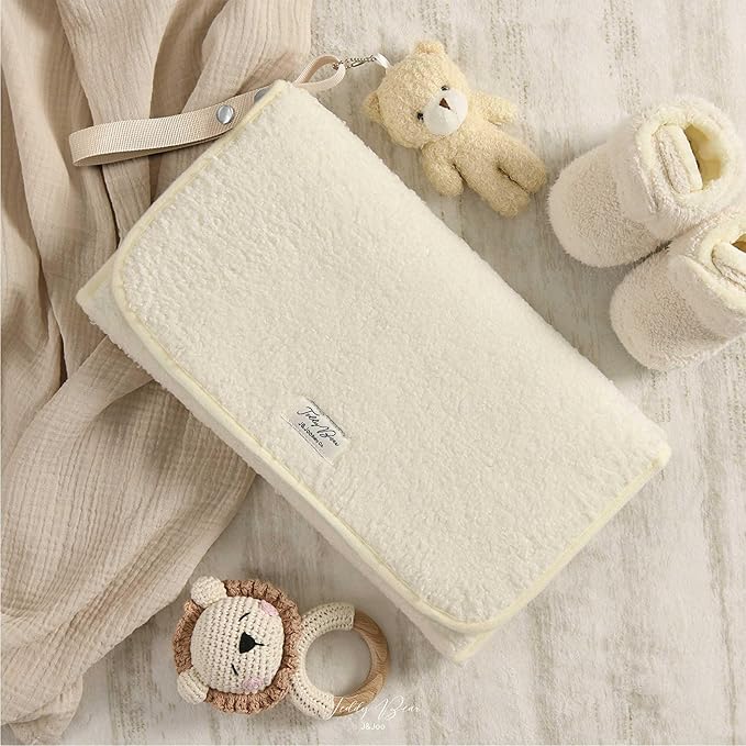 J&Joo Portable Diaper Changing Pad - Ultra Soft, Extra Padded, Waterproof Baby Changer Travel Essential, EZ Access Mesh Pockets, Gift for Baby Shower, Newborn Girls and Boys, 0-12 Months