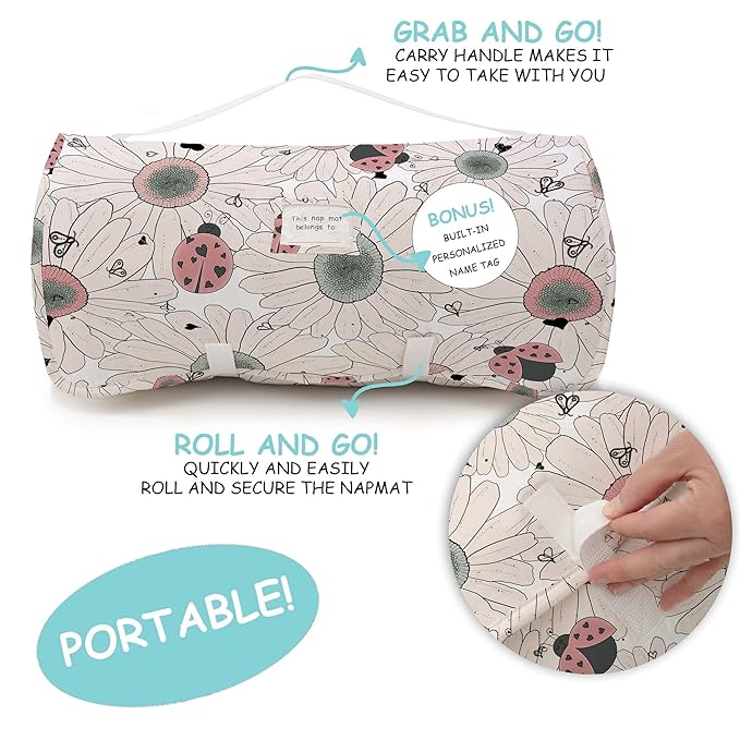 JumpOff Jo Extra Long Nap Mat for Kids - Cozy Kids Rest Mat with Removable Pillow and Ultra Soft Blanket for Preschool, Daycare, and Sleepovers - Floral, Daisy Bug