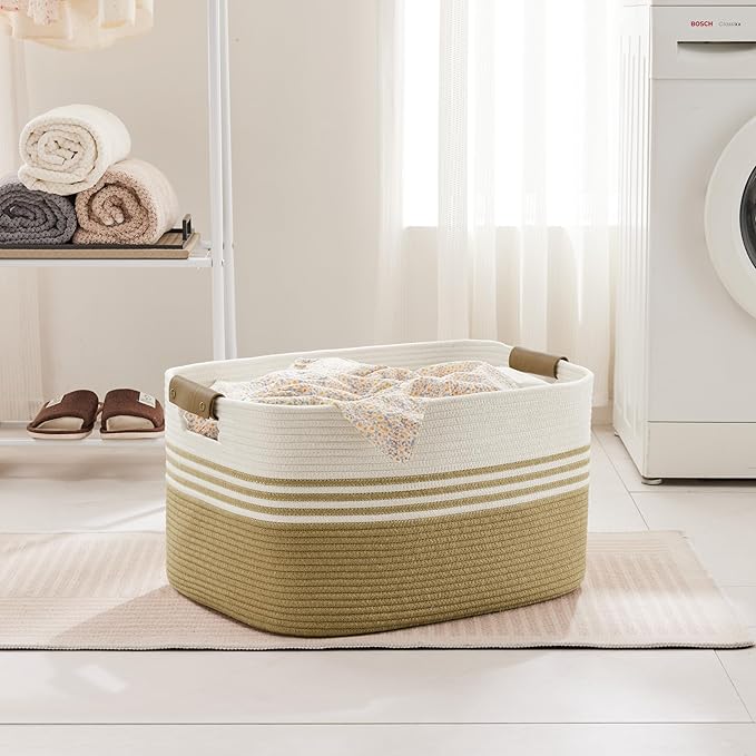 72L Large Laundry Basket with Leather Handles for Living Room Storage, Woven Rope Baskets Bin for Blanket, Kids Toy, Gifts, Wicker Hamper for Bedroom Dirty Clothes, 22"x17"x12" Khaki