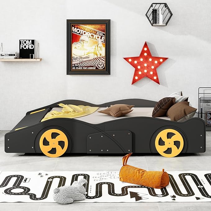 SOFTSEA Full Car Shaped Bed Frame with Storage for Boys Car Bed Frame with Storage, Wood Race Car Platform Bed with Wheels, No Box Spring Required, Black+Yellow