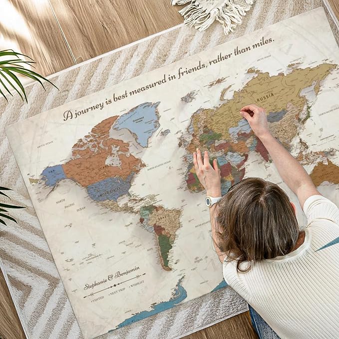 ElephantStock - Personalized Journey V Push Pin World Map Wall Art - Horizontal Canvas Wall Art - Living Room Wall Decor - Digital Art Map Canvas Art - Beige And Orange Decor - 51" x 34"