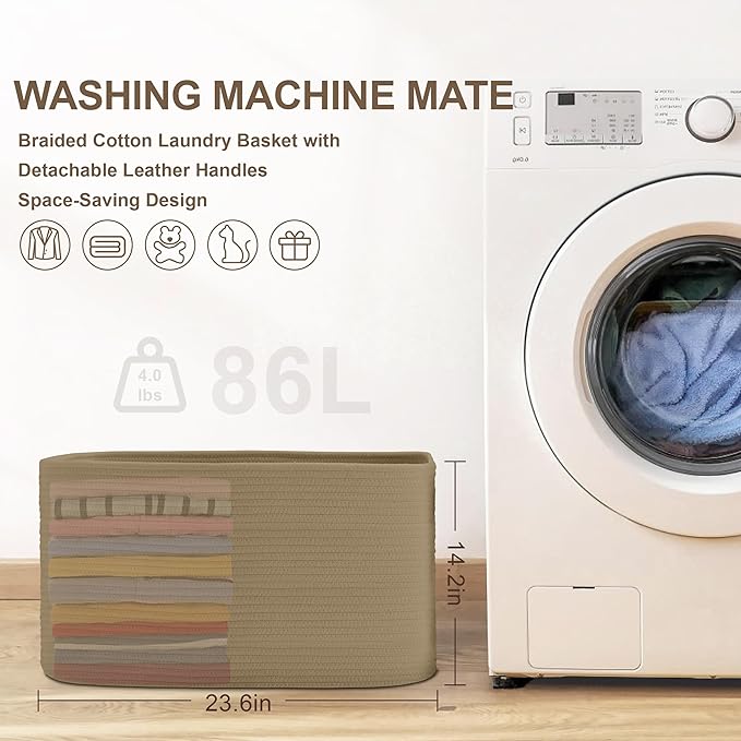 86L Large Wicker Laundry Basket for Living Room Storage,Boho Woven Cotton Rope Baskets for Kids Toy,Gifts,Square Blanket Hamper for Bedroom Dirty Clothes,Jute