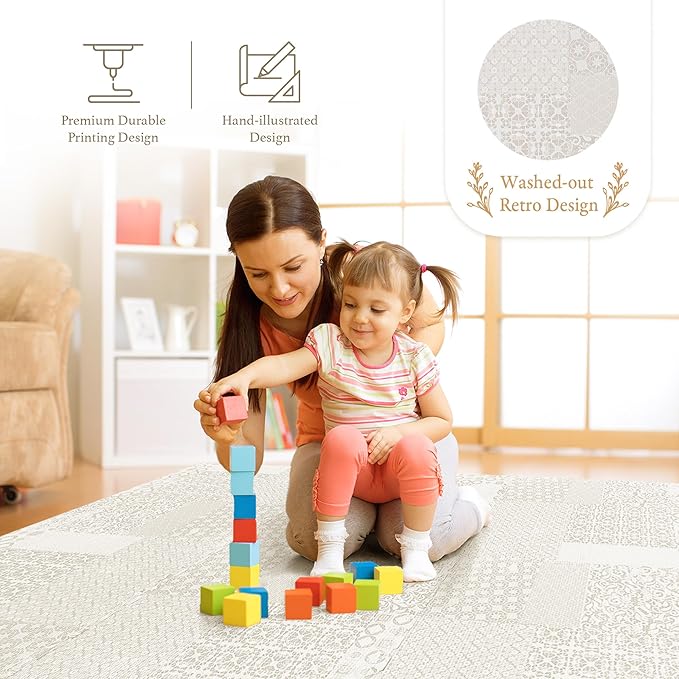 PopsyKosy Premium Baby Floor Play Mat - Thick & Cushioned 0.5 inch Playroom Foam Mat, Non-Toxic Odorless - 6 Tiles - Spacious 6x4 ft. - Stylish & Large, Waterproof for Kids & Toddlers - Totem Beige
