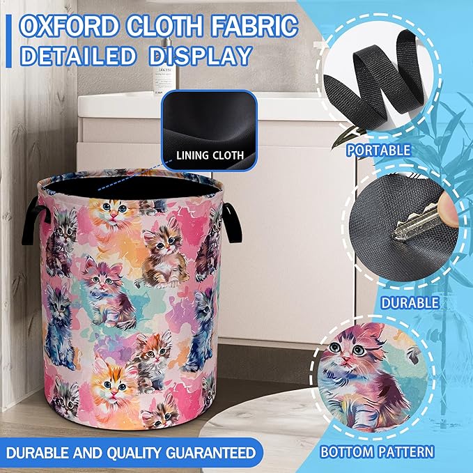Cute Cat Laundry Basket Pet Animals Oxford Cloth Laundry Hamper With Handle Foldable Portable Clothes Storage Basket 18.9 X 16.5 Inch Storage Bag For Laundry Room/Bathroom/Bedroom/Dormitories