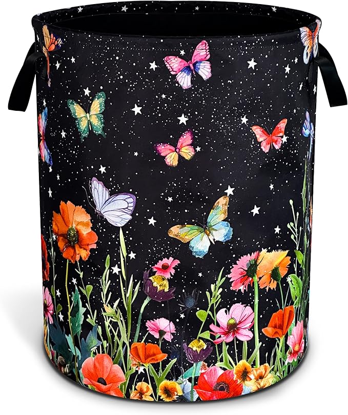 Colorful Butterflies Flowers Laundry Basket Oxford Cloth Laundry Hamper With Handle Foldable Portable Clothes Storage Basket 18.9 X 16.5 Inch Storage Bag For Laundry Room/Bathroom/Bedroom/Dormitories