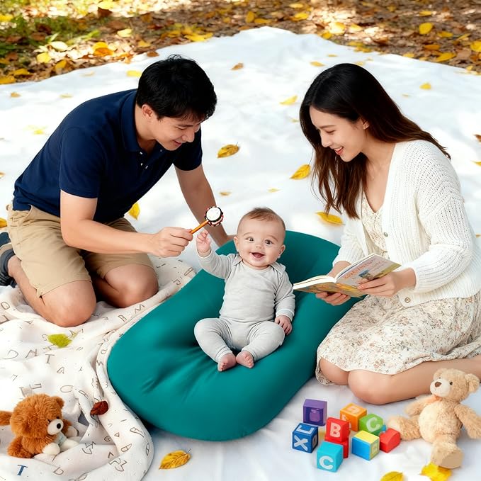 Baby Lounger 0-24 Months 100% Cotton-Snuggle Cozy Me Lounger,Soft & Breathable Tummy Time Mat for Newborn Infant Play Mat,Babies Essentials Gifts,Green(Lounger Cover Included)