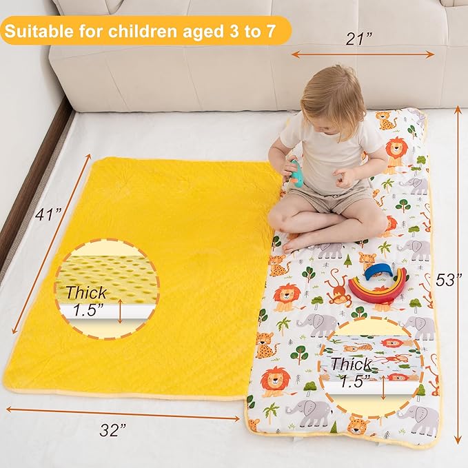 Viviland Toddler Nap Mat with Pillow and Minky Dot Blanket, Rolled Sleeping Mat/Slumber Bag for Girls Boys, Kids Nap Mat for Preschool, Daycare, Kindergarten, Travel Camping - Zoo Animal