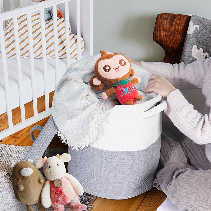 Large Storage Basket with Lid 60L, 16"Wx18"H Woven Laundry Hamper Basket with Handle, Room Decor Cotton Rope Wicker Basket Toy Organizer Bins for Clothes Blankets Pillows, Gray/White Mix includes Lid