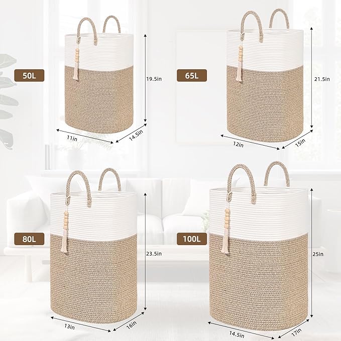 Woven Laundry Basket for Clothes, 80L Large Rectangle Laundry Hampers with Beads Tassel, Nursery Storage Basket for Toys, Tall Dirty Clothes Hamper for Bedroom Aesthetic, Laundry Room Organization