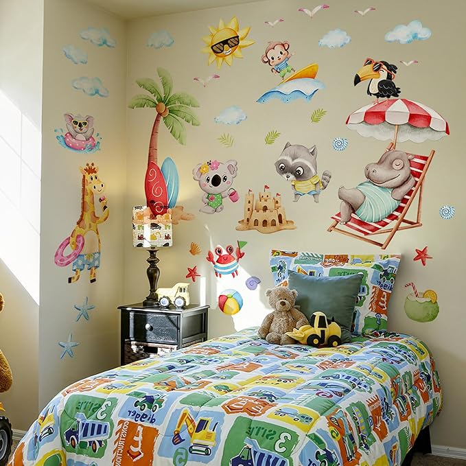 Cute Jungle Theme Wall Stickers Removable Animal Forest Wall Decals Elephant Monkey Lion Giraffe Zebra Peel and Stick Tropical Wall Art Decor for Nursery Bedroom Classroom (Colourful 2)