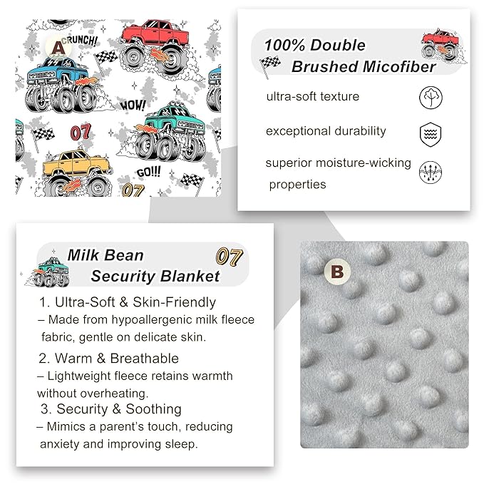 Viviland Toddler Nap Mat with Pillow and Minky Blanket,Rolled Large Sleeping Mat for Boys, Kids Slumber Bag Nap Mat for Preschool, Daycare, Kindergarten, Travel Camping - Monster Truck