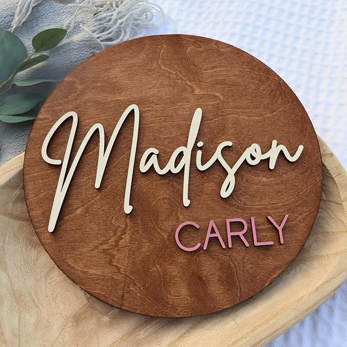 Custom Round Nusery Name Sign, Personalized 3D Baby Name Announcement Sign, Personalized Wooden Wall Plaque, 3D Wall Art for Children & Kids Rooms, Family Name Signs, 30 Colors (Design 6)