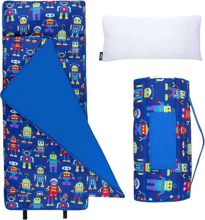 Wildkin Kids Microfiber Nap Mat – Soft Sleep Mat with Pillow, Ideal for School & Travel - Robots