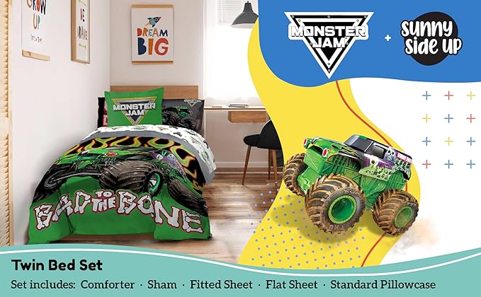 Sunny Side Up Monster Jam Twin Comforter Set - 5 Piece Kids Bedding Includes Comforter, Sheets & Pillow Cover - Super Soft Trucks Microfiber Bed Set