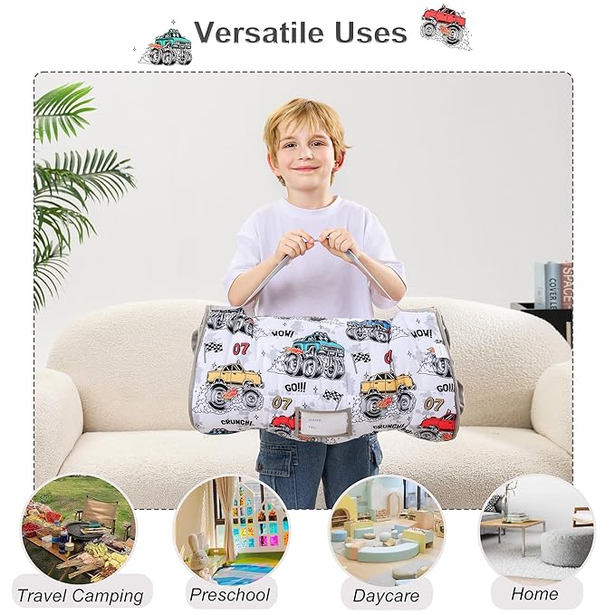 Viviland Toddler Nap Mat with Pillow and Minky Blanket,Rolled Large Sleeping Mat for Boys, Kids Slumber Bag Nap Mat for Preschool, Daycare, Kindergarten, Travel Camping - Monster Truck