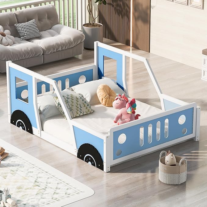 Merax Full Size Classic Car-Shaped Platform Bed with Wheels, Wood Car Bed Frame for Boys, Blue