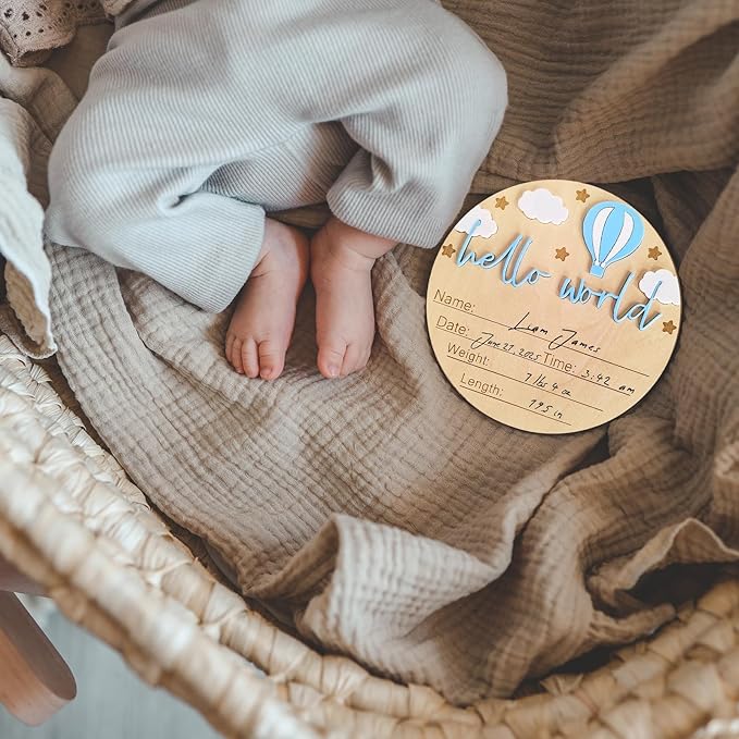 Hello World Newborn Sign - 5.9” Round Wooden Baby Announcement Sign with 3D Hot Air Balloon, Clouds & Stars - Keepsake Birth Gift for Baby Boy’s First Day, Hospital, Shower, or Nursery Décor (Blue)