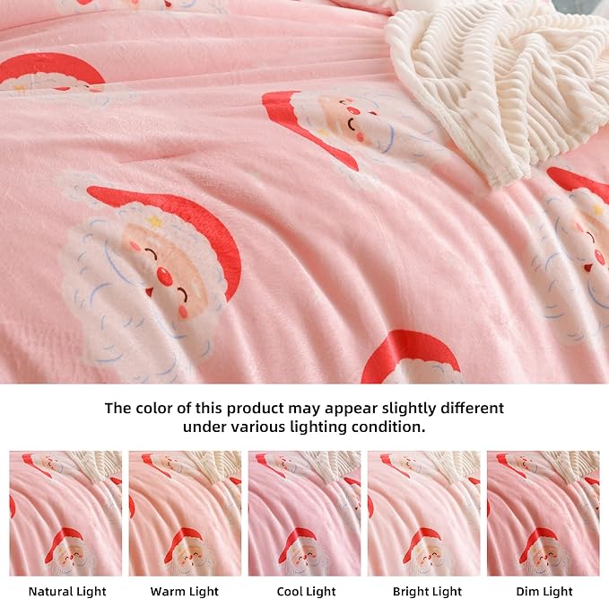 JANZAA Christmas Full Size Comforter Sets, Pink Flannel Comforter with Santa Pattern, Soft Cozy Fleece Bedding Set Fluffy Comforter Set 1 Full Comforter(79"*90") and 2 Pillowcases (20"*26")