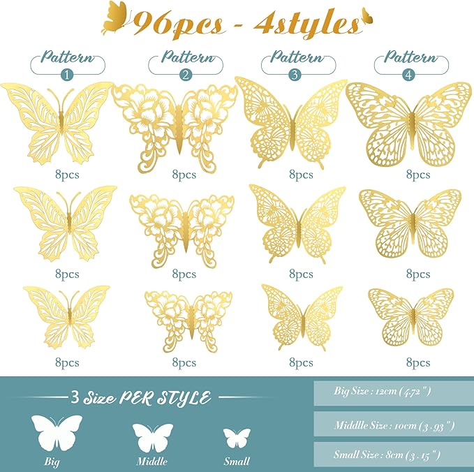 3D Gold Butterfly Wall Decor 3 Sizes 4 Styles Butterfly Party Decorations Cake Decorations Removable Stickers Wall Decor Room Mural Metallic Kids (Gold, 96Pcs)