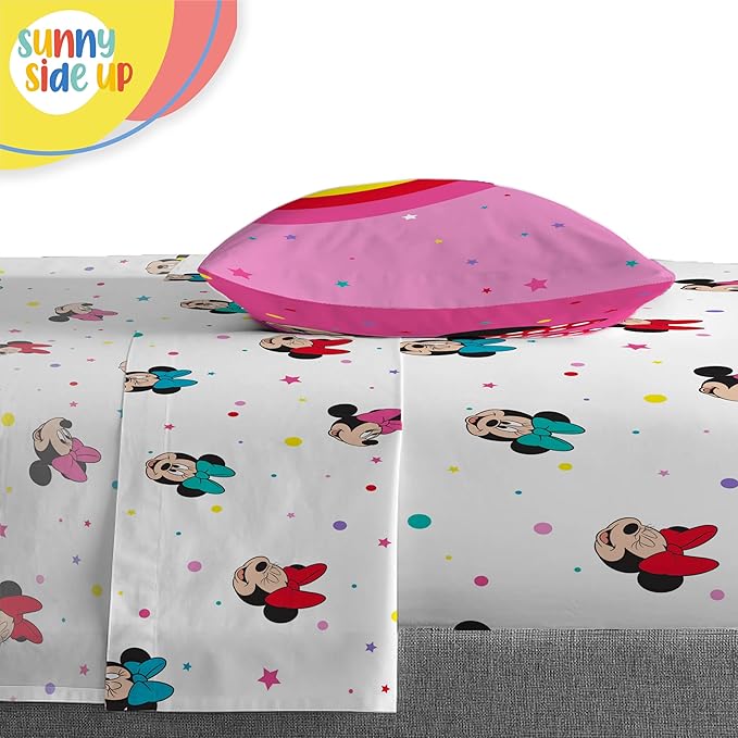 Sunny Side Up Disney Minnie Mouse Twin Comforter Set â€“ 5 Piece Kids Bedding Includes Comforter, Sheets & Pillow Cover â€“ Super Soft Rainbow Dots Microfiber Bed Set