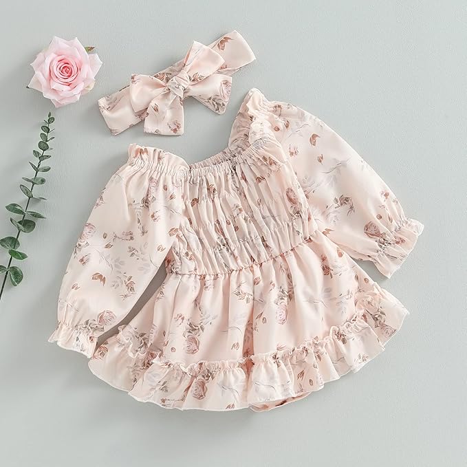 2pcs Infant Baby Girls Romper Dress Headband Long Sleeve Clothing Flowers Newborn Boho Girl Outfit Jumpsuit Clothes