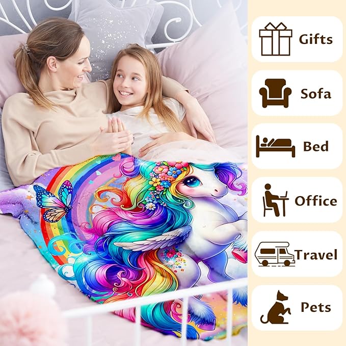 Girls Unicorn Blanket, Throw Blankets Gift for Kids Teens Adults Unicorn Lovers 50x60 Inches Soft Cozy Throw for Sofa Couch Bed Cute Decor Stuff