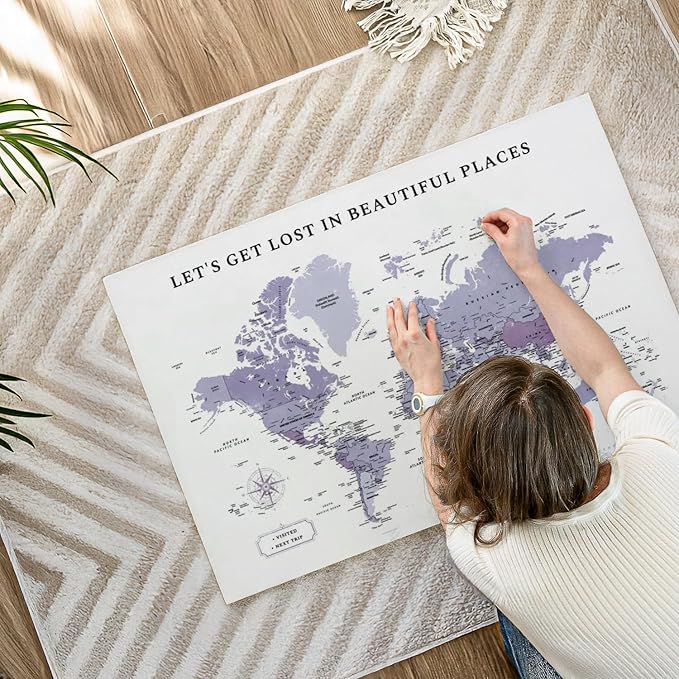 ElephantStock - Beautiful Places II Push Pin World Map Wall Art - Horizontal Canvas Wall Art - Living Room Wall Decor - Digital Art Map Canvas Art - White And Black Decor - 39" x 26"