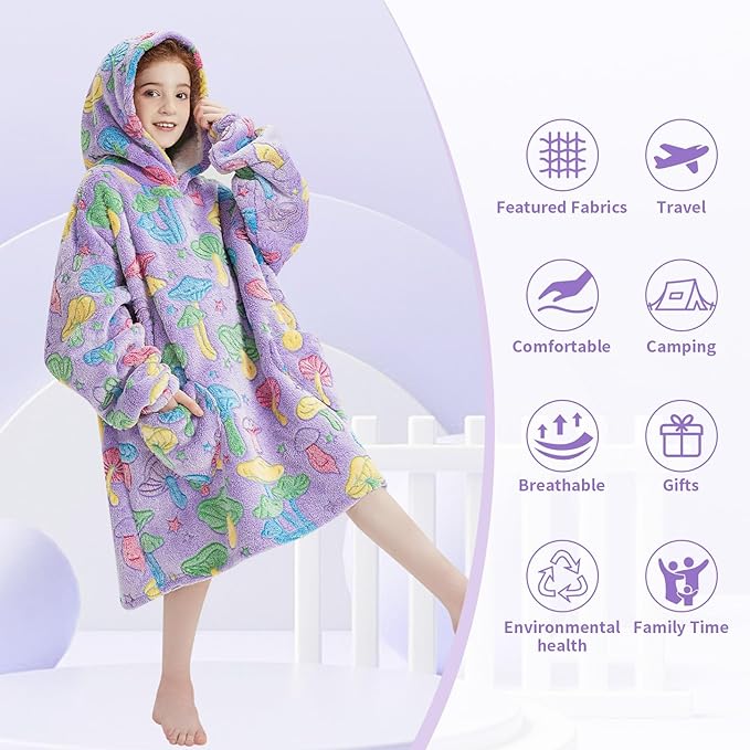 Fiosnow Glow in the Dark Mushroom Blanket Hoodies for Kids 6-13YR Oversize Wearable Blanket Hoodies for Boys Girls Teens