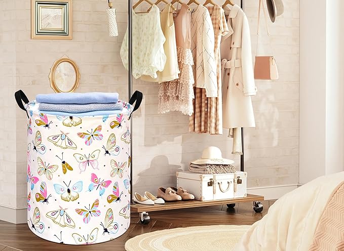 KUNRO Spring Butterfly Laundry Gift Basket Storage Hamper, Kids Toys and Clothes Storage Organizer Bins, Toy Shelf Basket with Handles for Room Decor