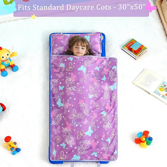 Toddler Nap Mat for Preschool 50''x30'' Sleeping Mat with Removable Pillow and Minky Blanket for Kids Ages 3-7 Roll Up Soft Sleeping Bag for Boys Girls Kindergarten Daycare Sleepover