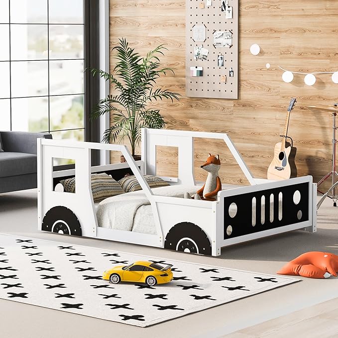Merax Full Size Classic Car-Shaped Platform Bed with Wheels, Wood Car Bed Frame for Boys, White