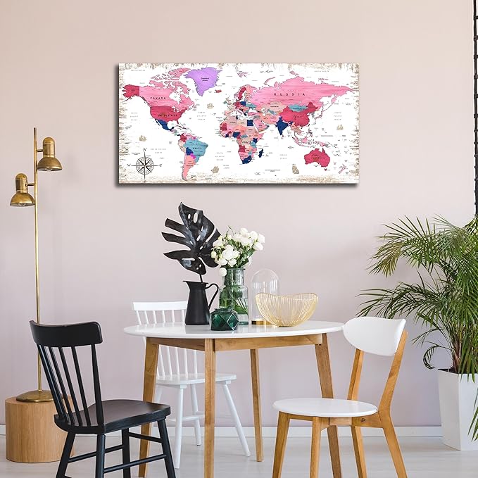 ZHAOSHOP Pink Pictures Wall-Decor - World Map Canvas Wall Art For Bedroom Girls - Wall Pictures For Living Room Decor Ready to Hang Size 40" x 20"