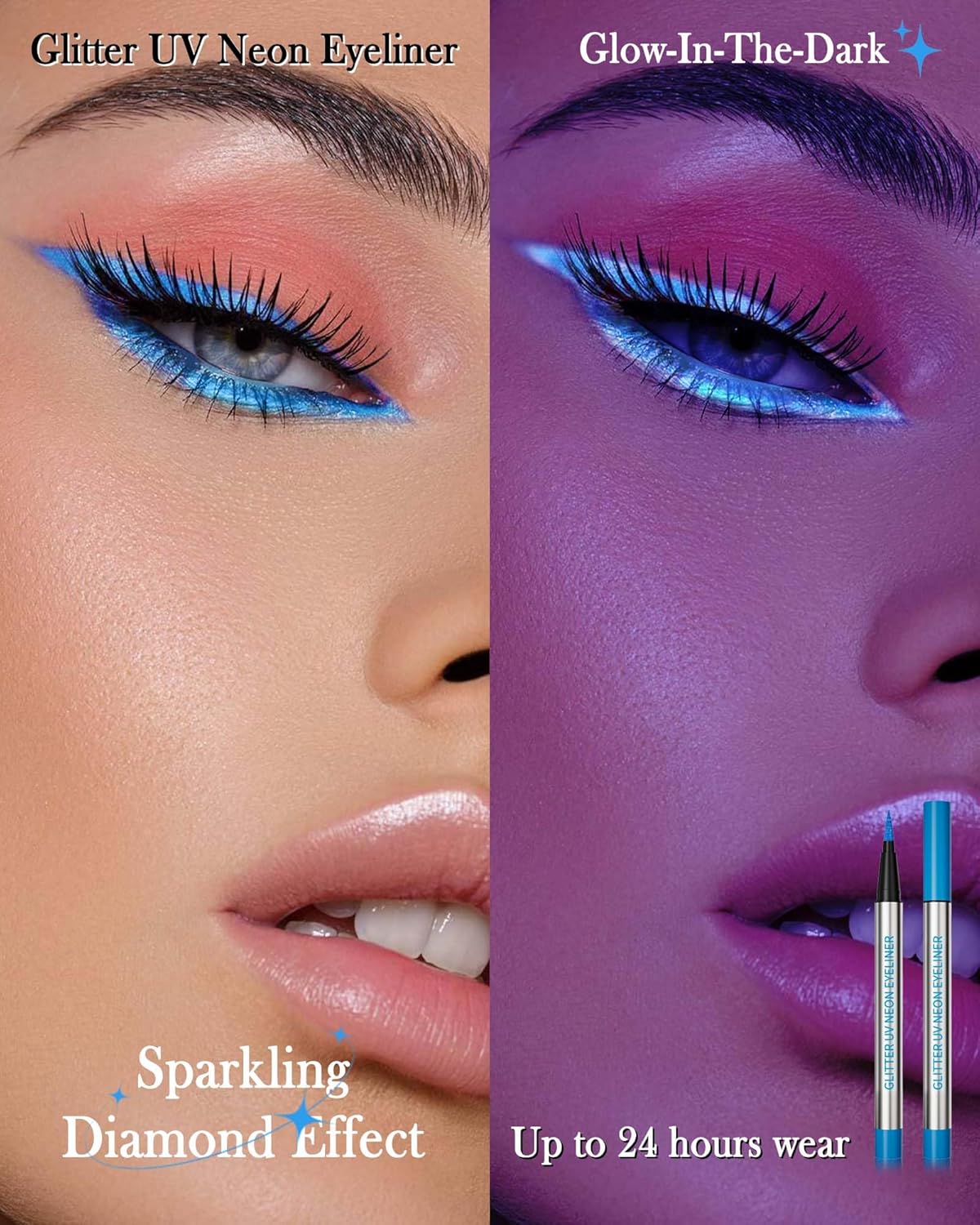 Glitter UV Neon Eyeliner Pencil, Waterproof Smudge-Proof Blue Eye Liner Liquid Pen, High-Pigment Shimmer Eyeliner Pen Long-Lasting Colorful Professional Makeup, Halloween Rave Party Gift for Women-03
