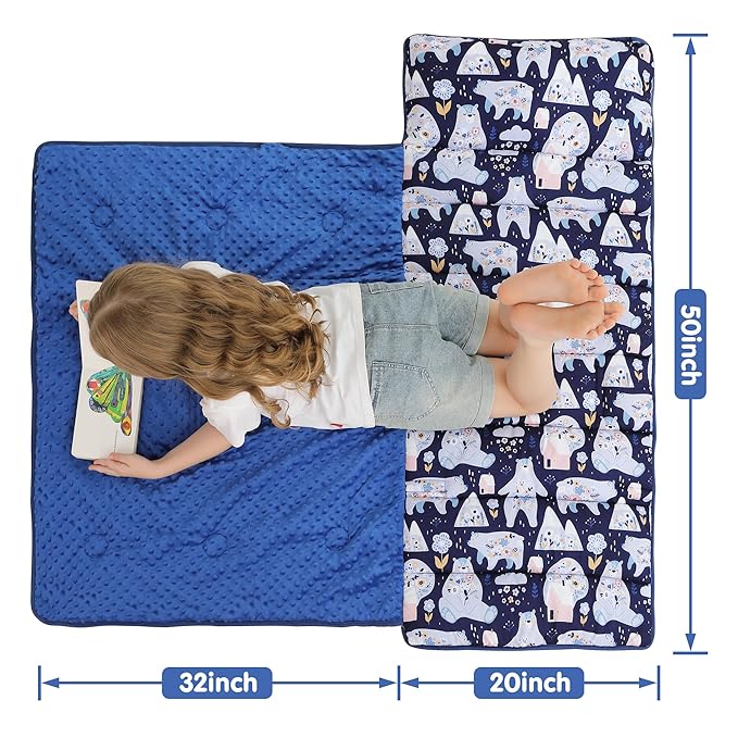 Viviland Toddler Kid Nap Mat for Preschool, Girls Deep Blue Bear Slumber Bag, Daycare Sleeping Bag with Pillow and Blanket, Kindergarten Sleep Mat