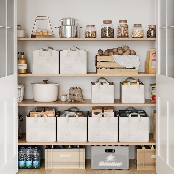 StorageWorks Storage Bins, Shelves Baskets for Organizing, Fabric Closet Organizers with Handles, Metal Frame, Beige（Cotton-linen）, 2-Pack